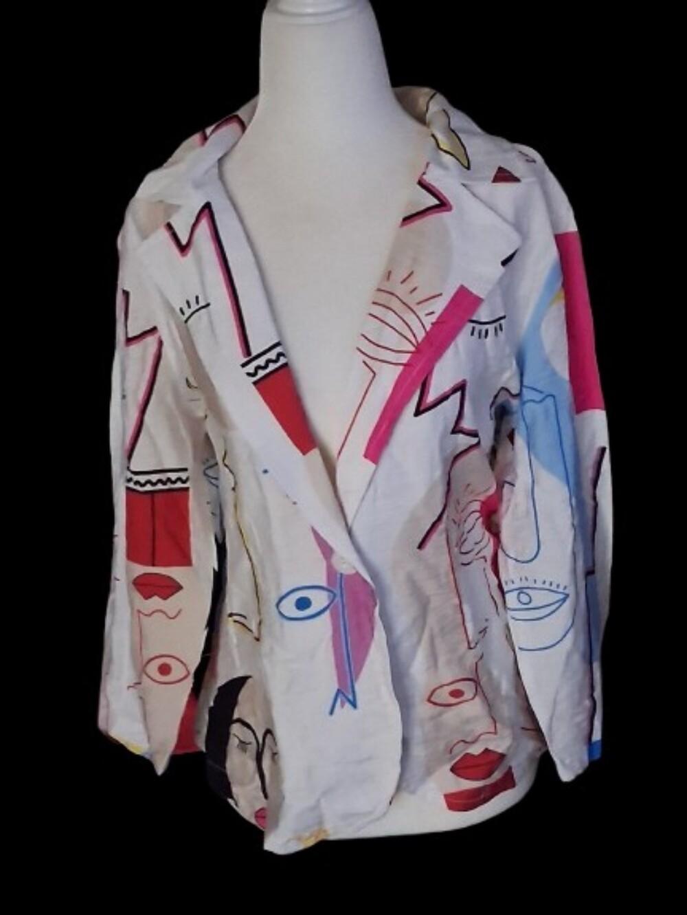 NWT Dalin Abstract Face-Print White Blazer with Multicolor Graphic Accents, S-M
